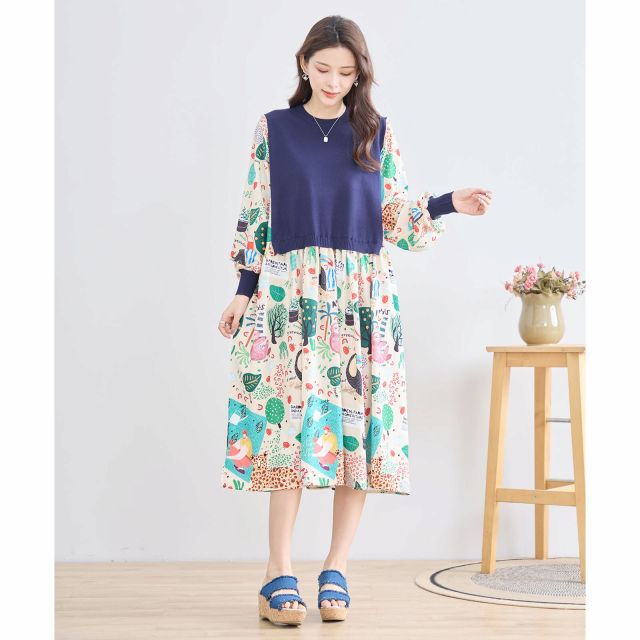 TRUBE ワンピース 長袖 チュニック 異素材切替 フレアー ミモレ丈