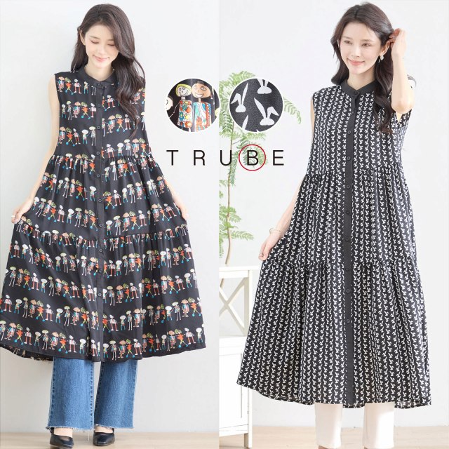 TRUBE ワンピース ノースリーブ ロングワンピース チュニック 前ボタン