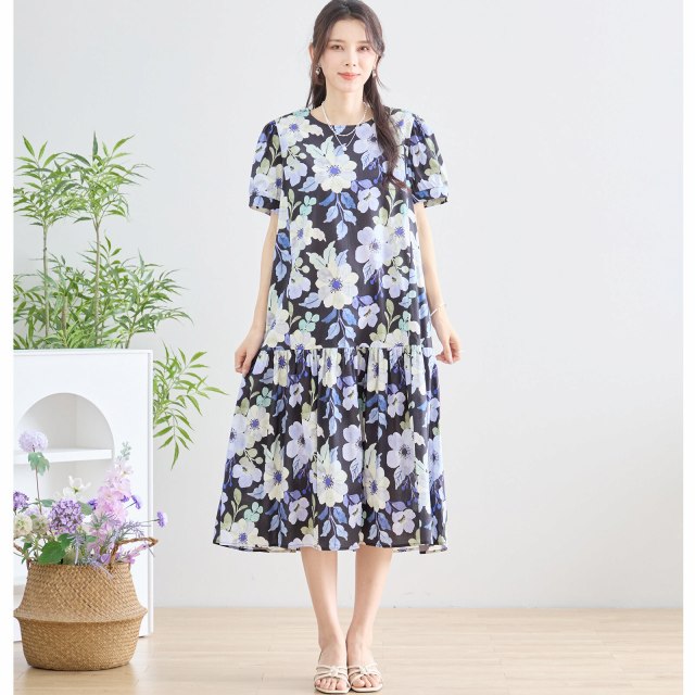 ネイビーと白の花柄半袖チュニック TRUBE ワンピース 半袖 レディース チュニック 大人可愛い 綿100