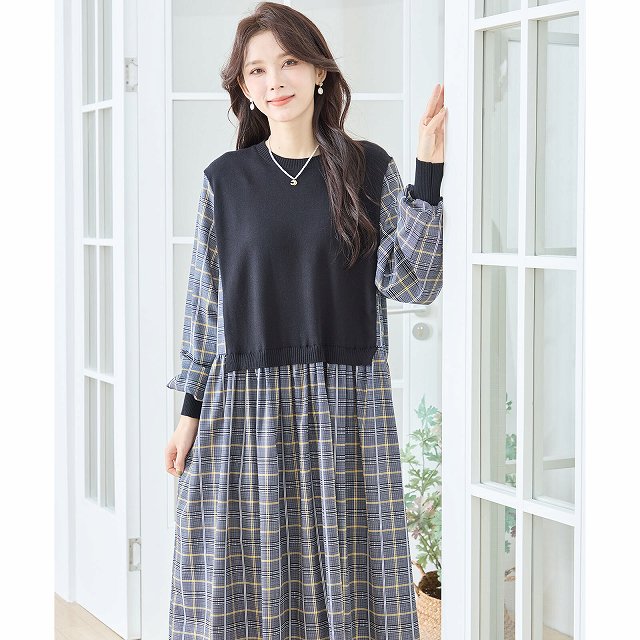 TRUBE ワンピース 長袖 レディース チュニック 異素材切替 ミモレ丈 TRUBE ワンピース 長袖 レディース チュニック 異素材切替 ミモレ丈