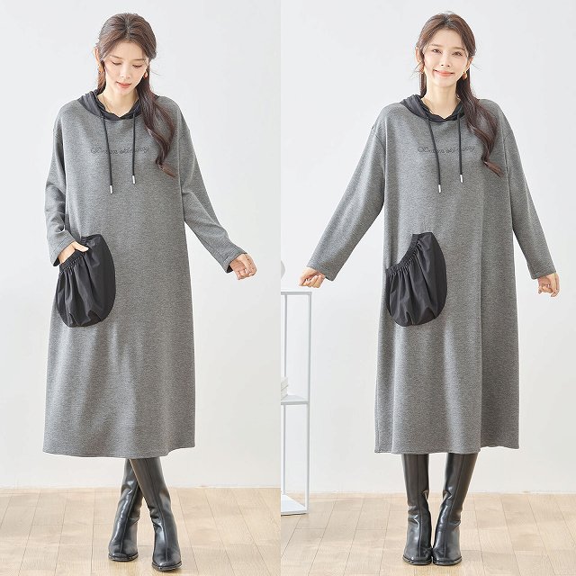 TRUBE ワンピース 長袖 レディース チュニック 異素材切替 フード付き