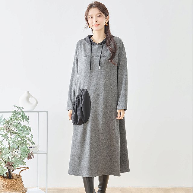 TRUBE ワンピース 長袖 レディース チュニック 異素材切替 フード付き