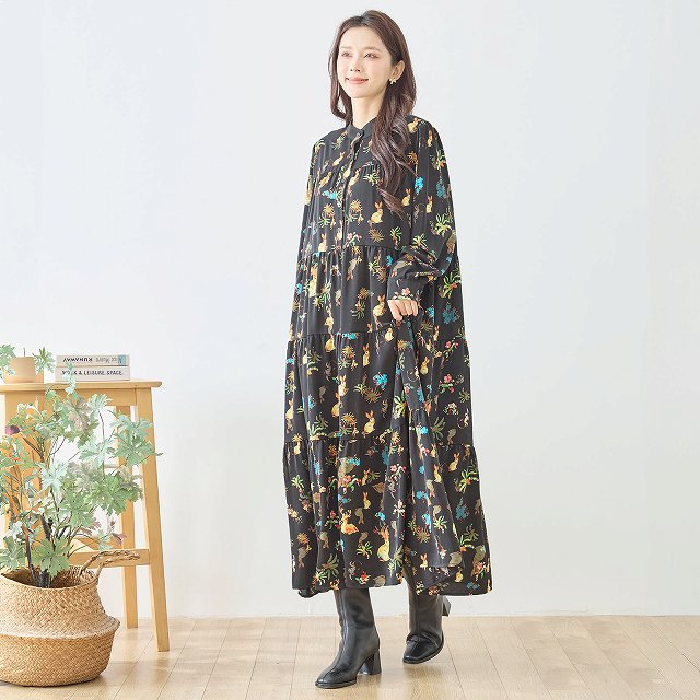 TRUBE ワンピース 長袖 ティアードワンピース 婦人チュニック 前ボタン