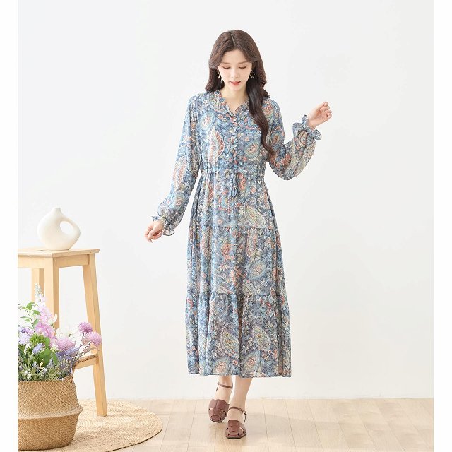 TRUBE ワンピース 長袖 チュニック シフォン ペイズリー レディース