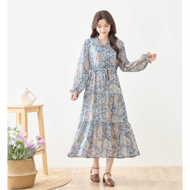 TRUBE ワンピース 長袖 チュニック シフォン ペイズリー レディース