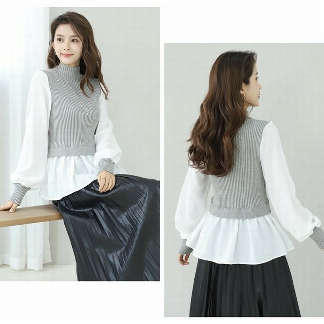 TRUBE ニット 長袖 ハイネック ブラウス リブニット トップス