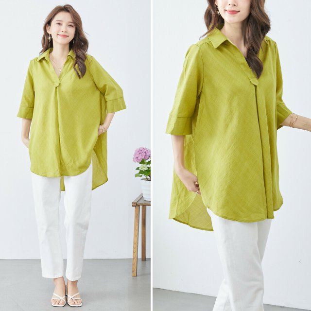 Tシャツ　レディース　春　夏　五分袖　ブラウス　vネック　シャツ　トップス　丸首　女性　大きいサイズ　20代 30代 y6044_5.jpg