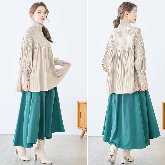 TRUBE ニット 長袖 ハイネック ブラウス プリーツ 異素材切替 トップス