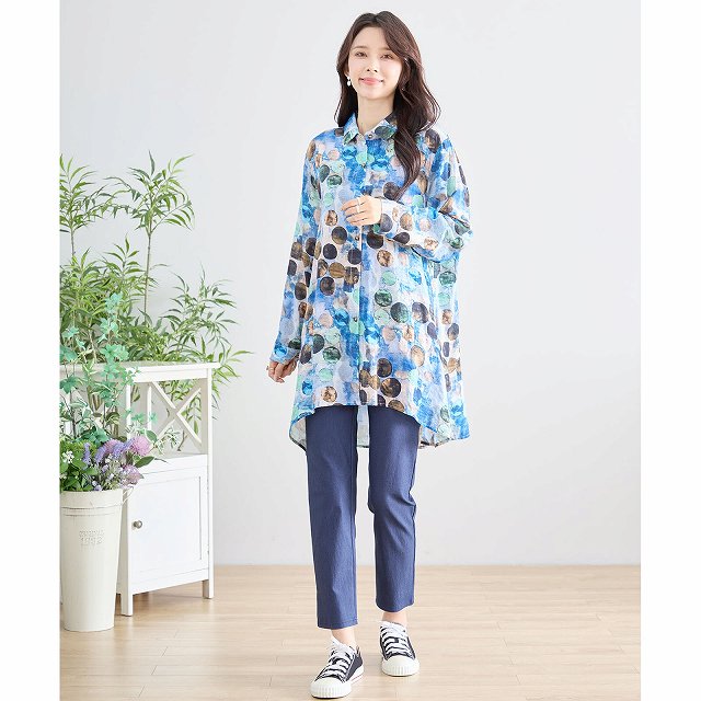 TRUBE シャツ 大人可愛い 長袖 プリント ブラウス 綿100％ 婦人服 通勤