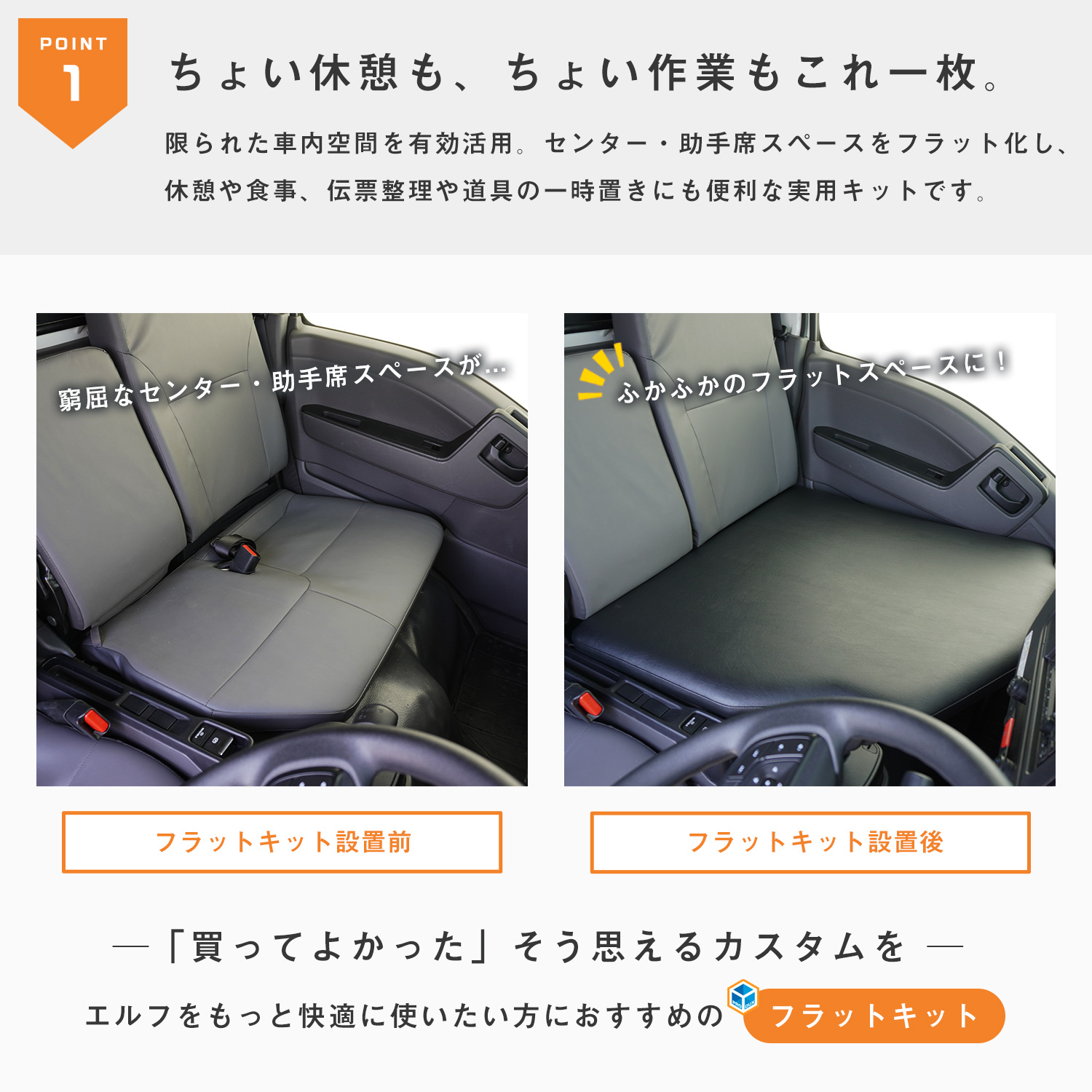 いすゞ 23エルフ フラットキット | 助手席 センター フラット化 作業スペース エルフ MIO EV 標準キャブ ハイキャブ ワイドキャブ 標準 ワイド 2t トラック用品 関連画像2