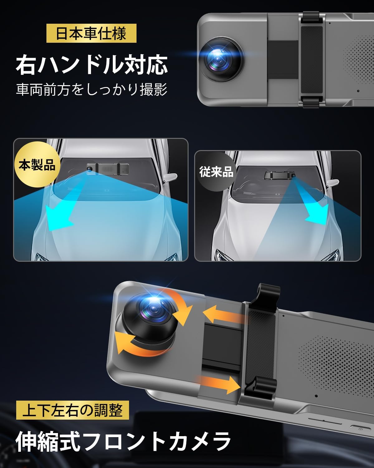 ドライブレコーダー ドラレコ ミラー型 4KHD画質 前後カメラ 伸縮式