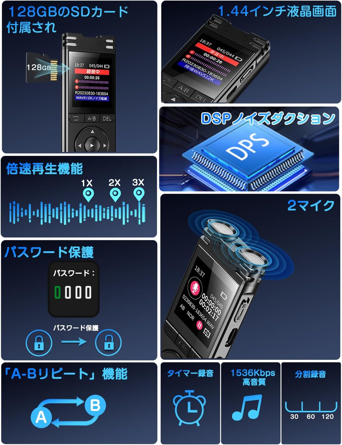 AIボイスレコーダー AUSNAT 新品未使用 小型録音機 ICレコーダー ボイスレコーダー ICレコーダー 小型 録音機 128GB SDカードが付属 大