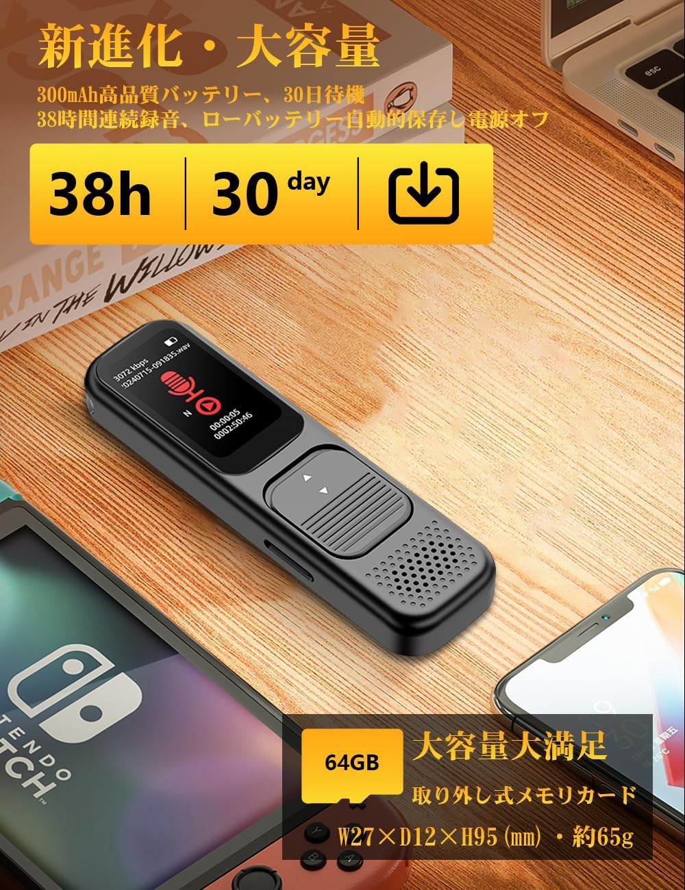 ボイスレコーダー ICレコーダー 小型 録音機 64GB micro SDカード付き