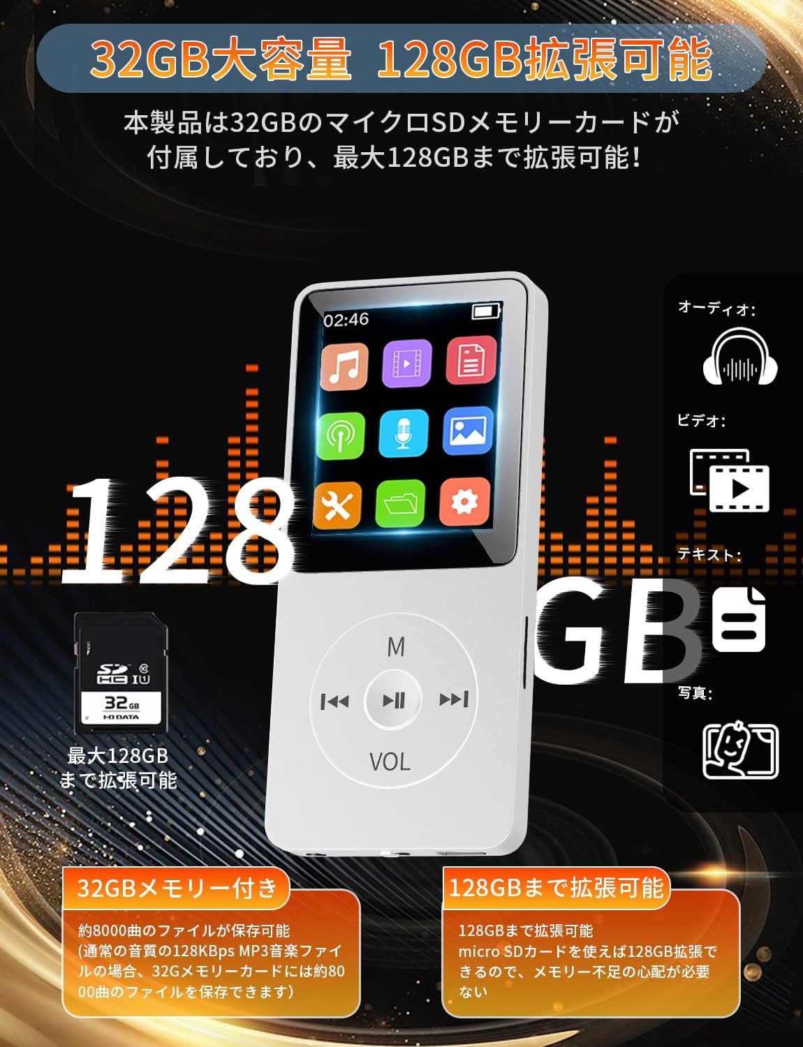 MP3プレーヤー Bluetooth 5.1 MP3プレイヤー 32GB内蔵 SDカード対応