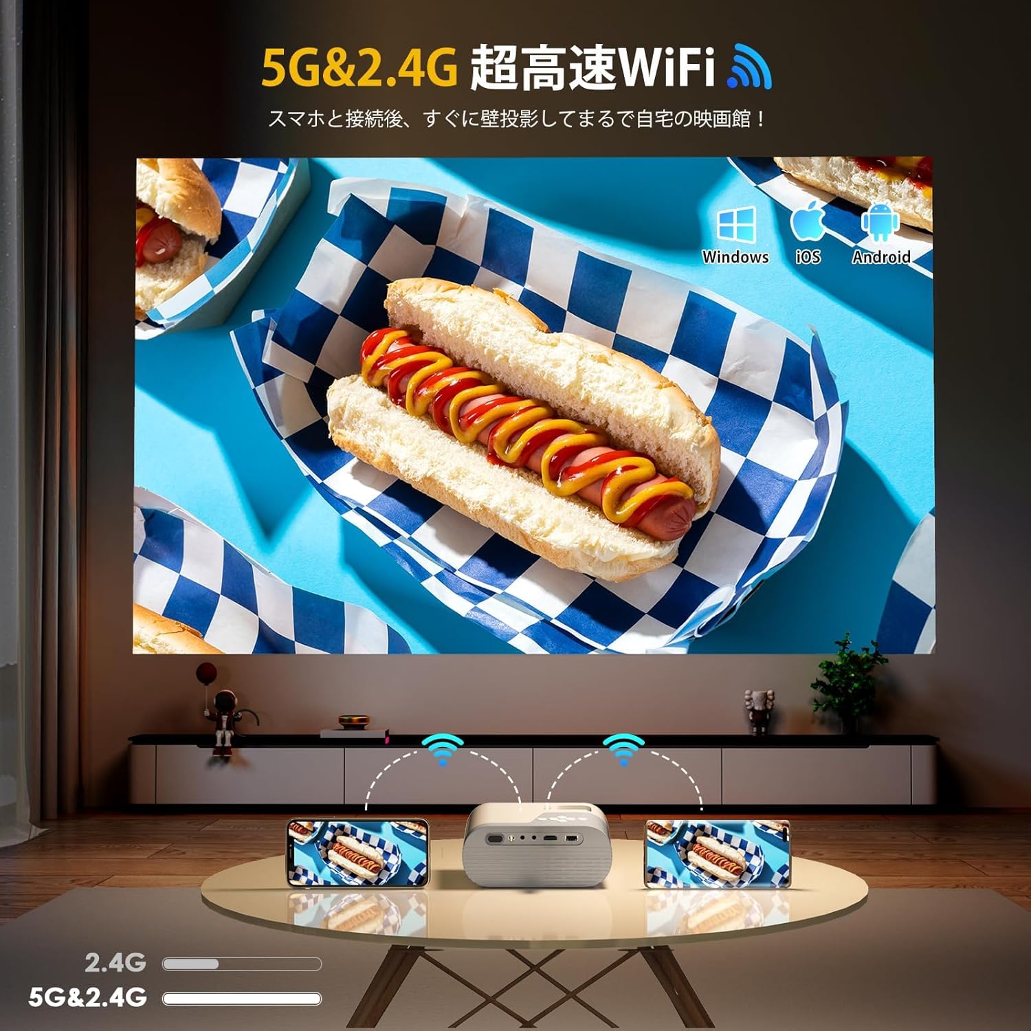 ホームシアター プロジェクター 1080PフルHD 5G プロジェクター 小型 27000LM 5G WiFi Bluetooth 4K対応 リアル1080P