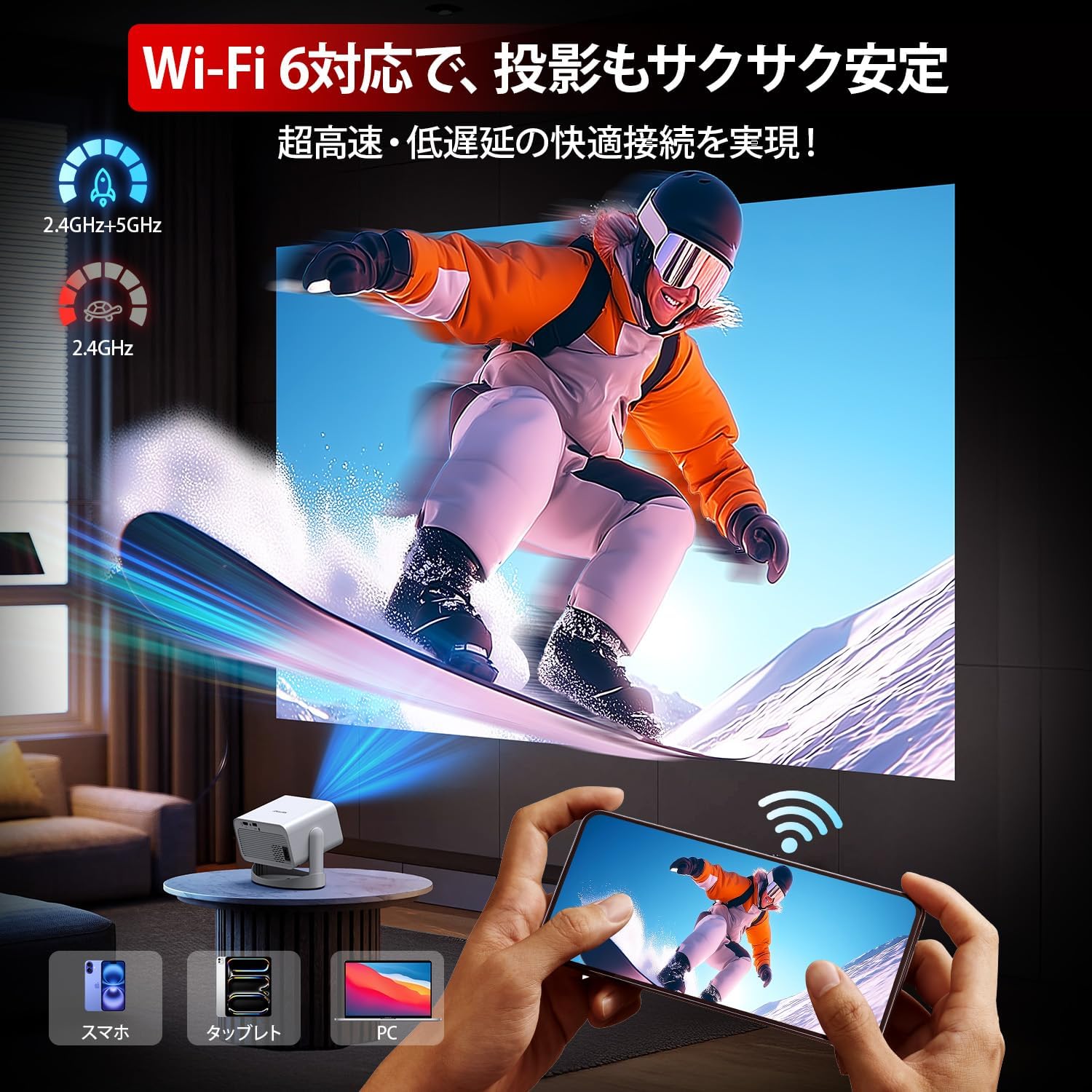 プロジェクター 360°回転 18000LM 1080P 4K対応 天井投影可能