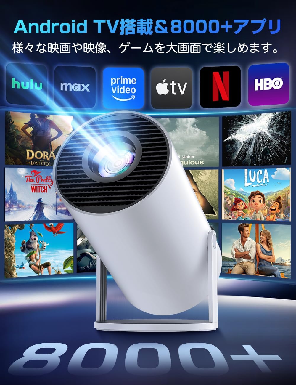 プロジェクター 家庭用 27000LM 270°回転 1080P 天井投影 Wi-Fi6