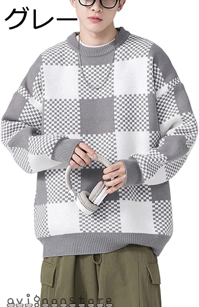 セーター メンズ ニット クルーネック 長袖 ゆったり ニットセーター チェック柄冬 カジュアル プルオーバー