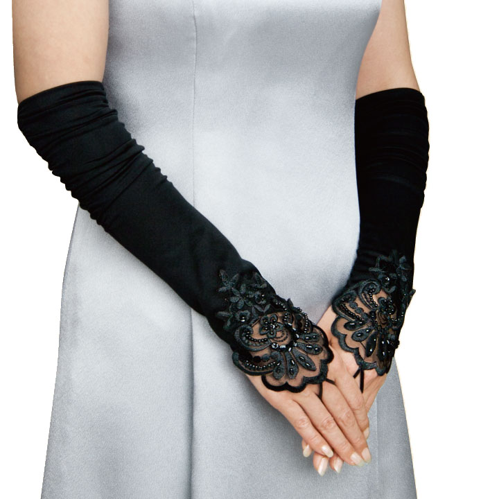 即納★ フォーマル ドレス用小物 ビーズ刺繍手袋 ロンググローブ 黒  KS-GD023-3169 ...