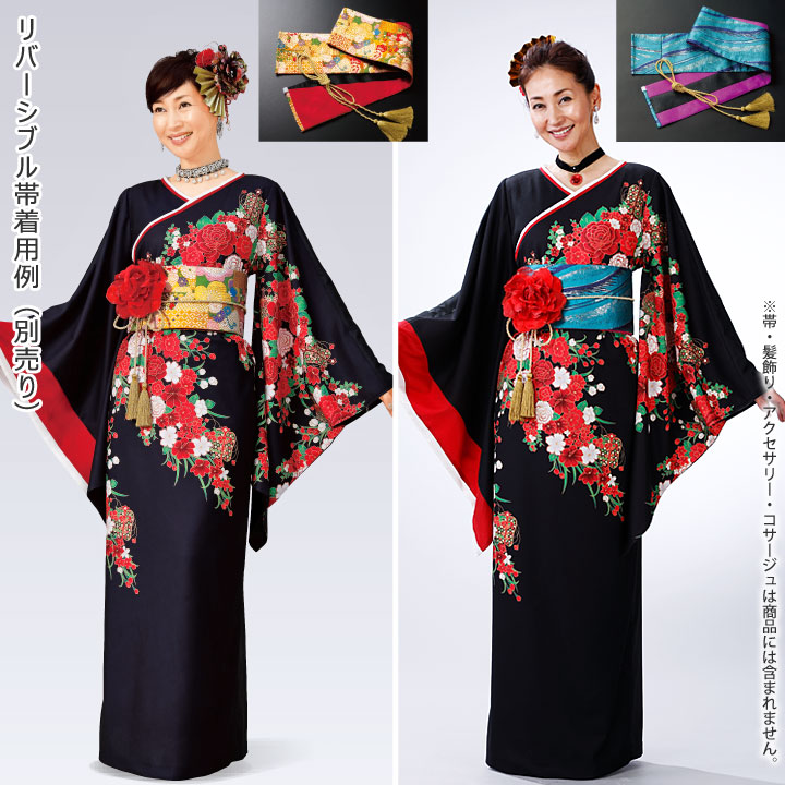 即納☆ 花プリントドレス OP416-3506 着物風 和柄 ロングドレス 花柄