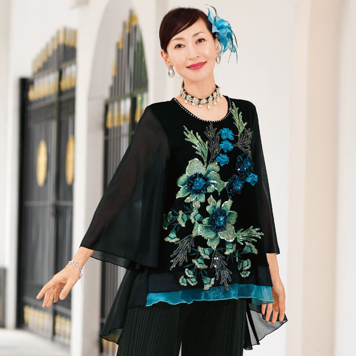 即納☆ プライスダウン！ 在庫限り チュニック 黒 刺繍 スパンコール