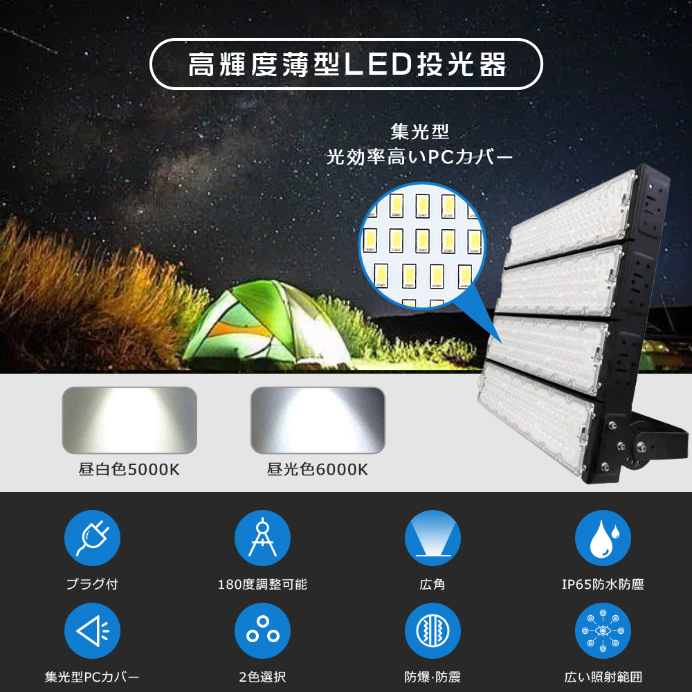 極薄型 LED 200W 5個セット昼光色6000K 22000LM IP67 グッドグッズ(GOODGOODS) LED 投光器 200W 28000LM 極薄型