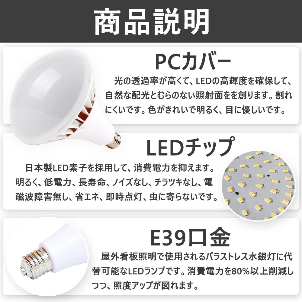 ledバラストレス水銀灯e39 16000lm 100W led電球 レフ球 ip65 防水 雨 1000W相当 ledビーム電球 e39 看板照明  水銀灯からledへ交換 e39 工場用 看板灯【昼白色】 :PAR65-N-E39-H:awagras02 - 通販 - Yahoo!ショッピング