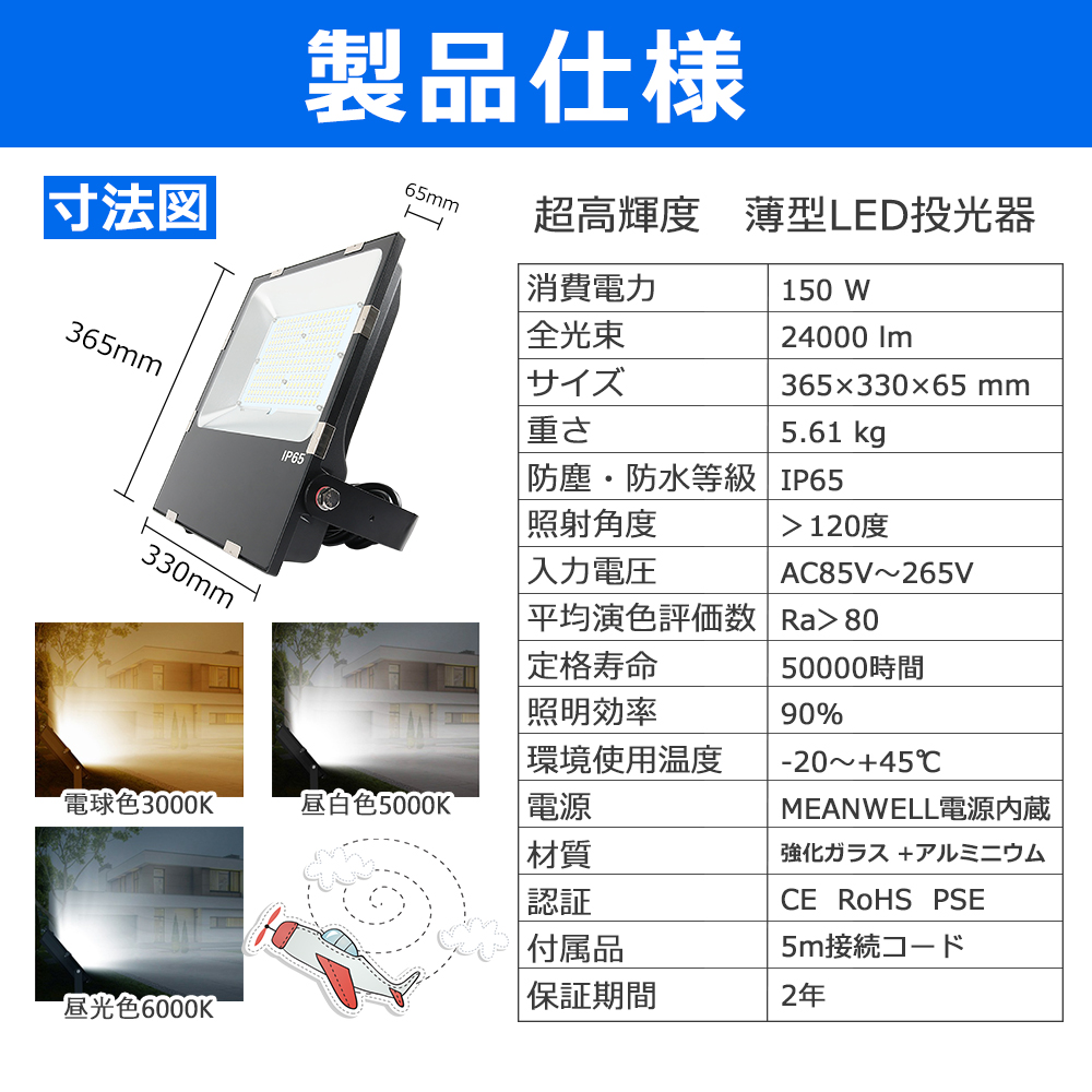 2台】led投光器 150w 1500w相当 24000lm IP65防水 作業灯 led 明るい