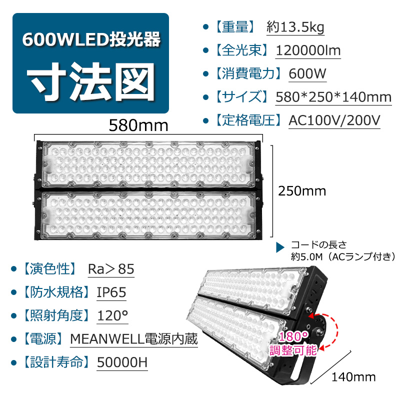 大人気シリーズ LED投光器 600W 屋外用 防水 6000w相当 120000LM Led 