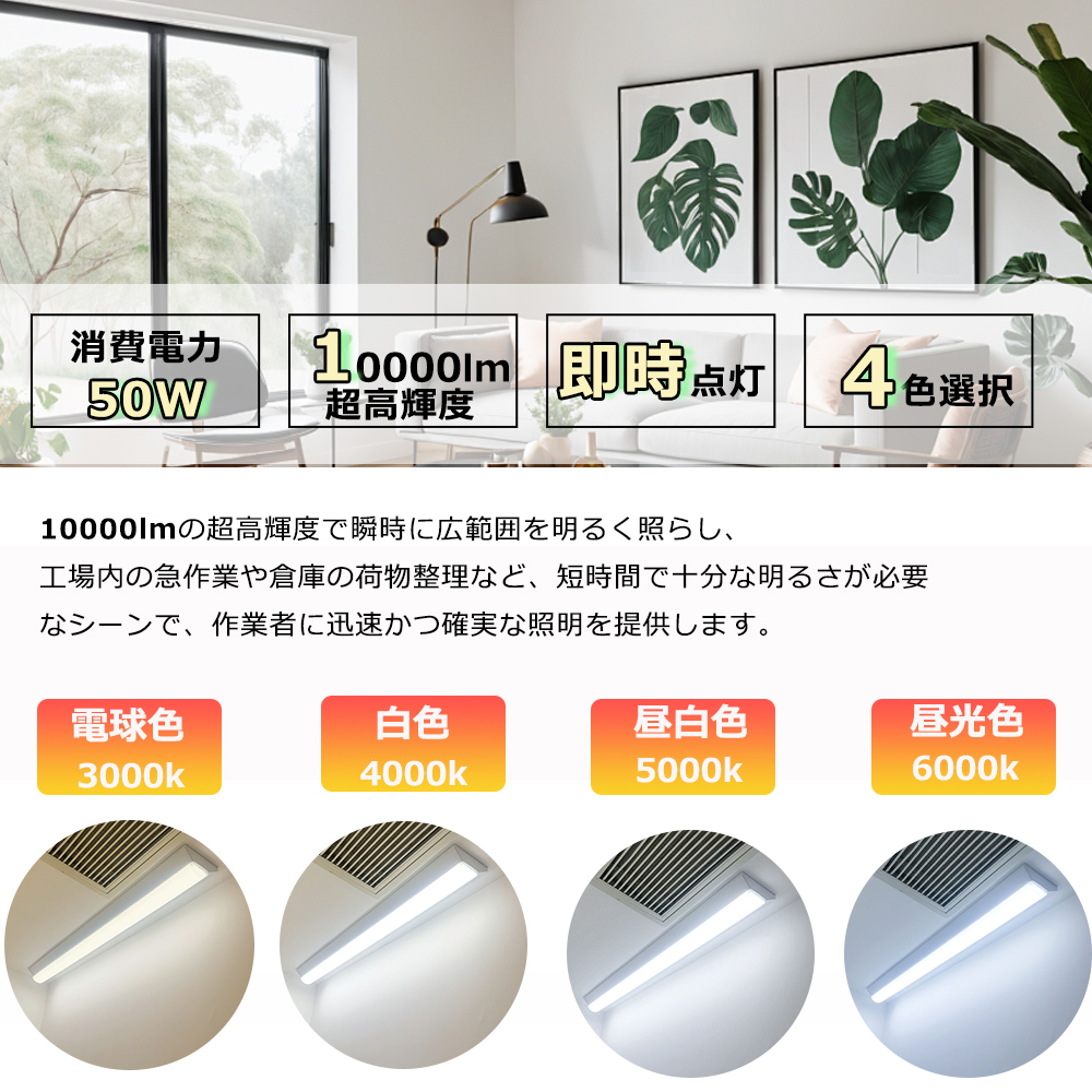 【50台セット】ledベースライト 40W型2灯相当 逆富士 LED蛍光灯 消費電力 50W 10000ルーメン 高輝度 省エネ 薄型 LEDベース照明 逆富士型 40形LED 照明器具 即納の画像