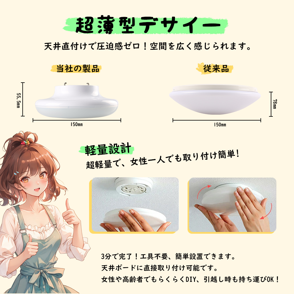 タイマー機能付き LED シーリングライト 軽量 小型 20W 6畳 8畳 調光