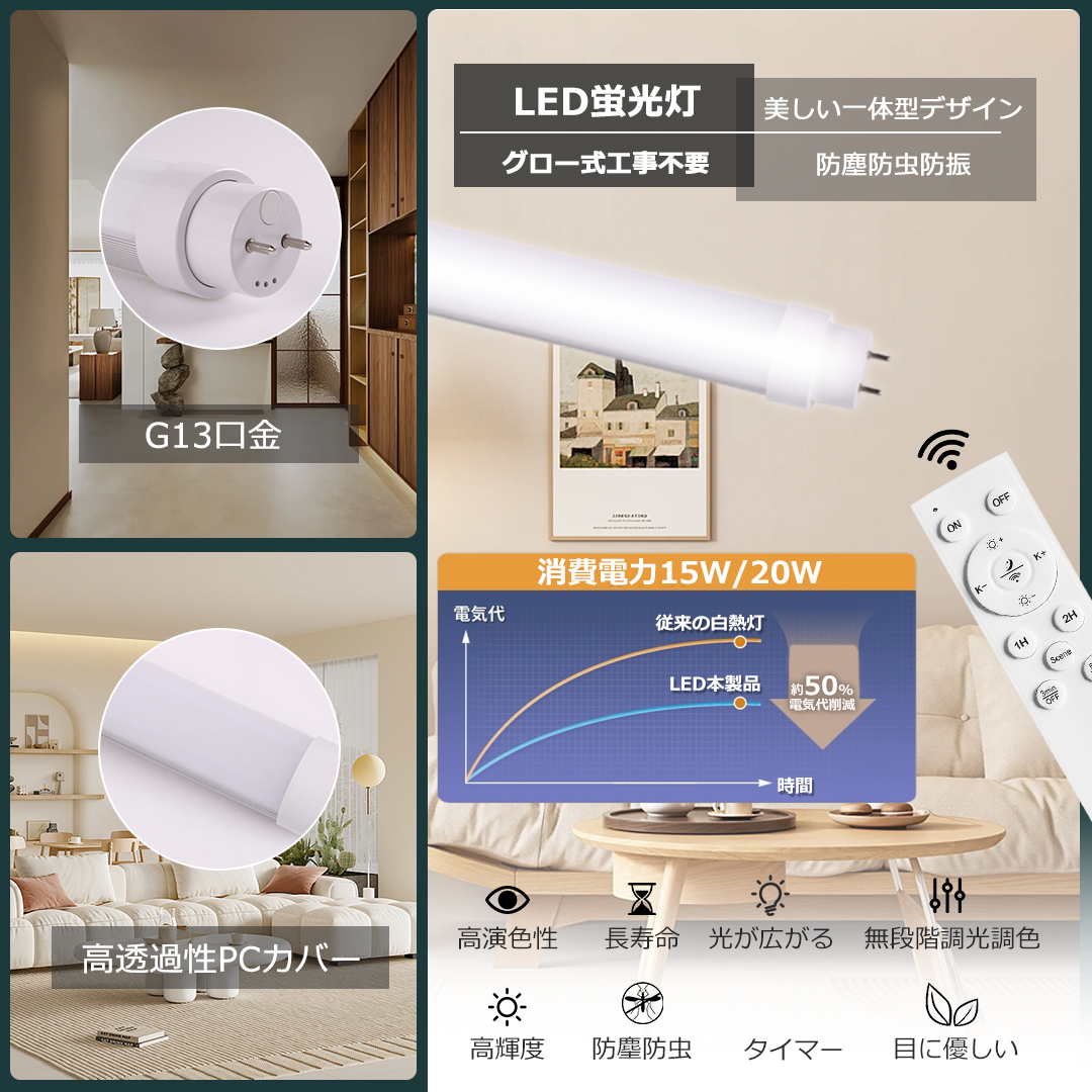 リモコン付き】直管ledランプ 40形 LED蛍光灯 40W形 直管 120cm 無段階