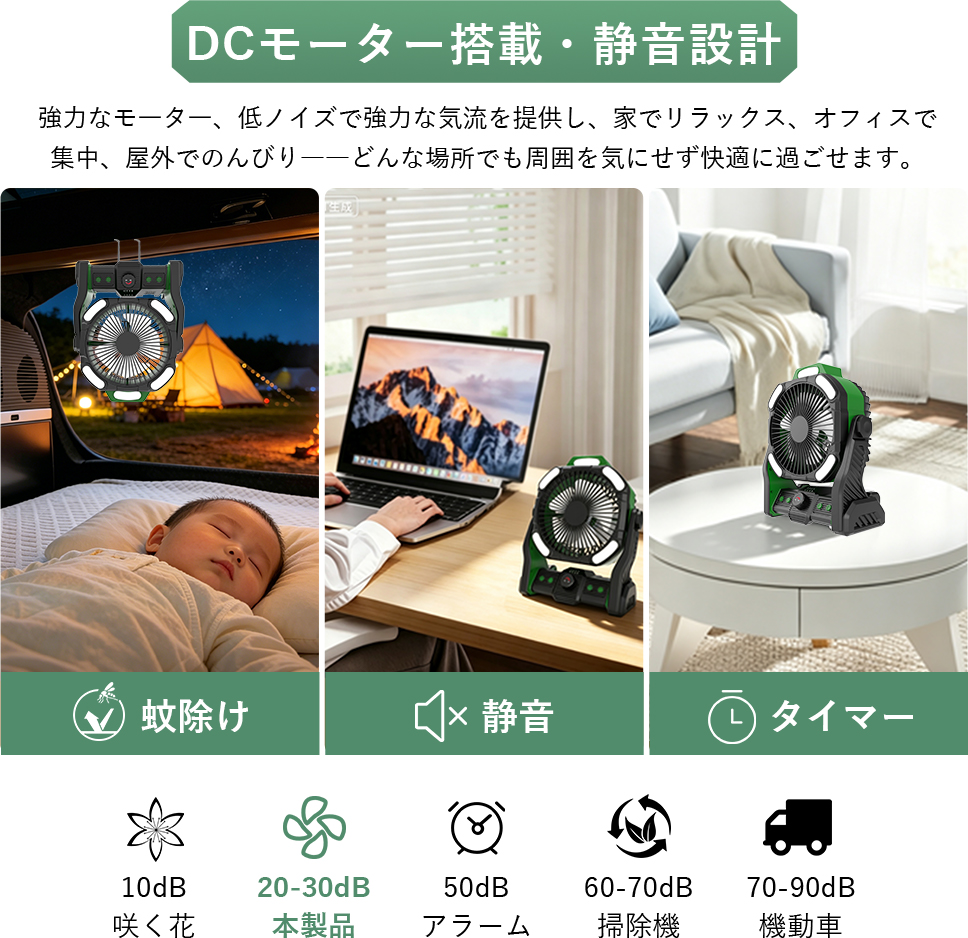 充電機能付き・3way」ポータブルファン 卓上扇風機 アプリ制御 調光調