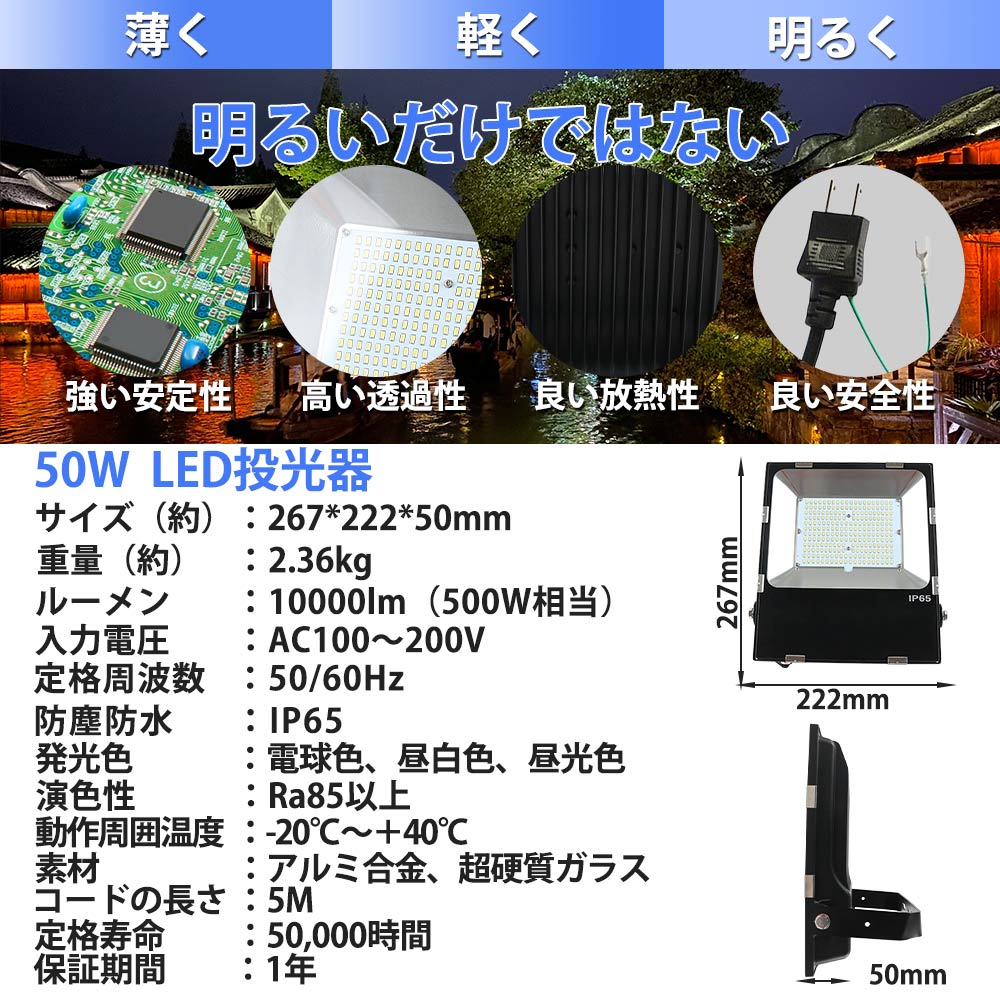 LED 投光器 屋外 防水 明るい 最強 50W 500W相当 薄型LED ワークライト 屋外照明 投光機 看板灯 作業灯 駐車場灯 夜間作業 省エネ  高輝度 5ｍコード 1年保証 : flood-light-50w-50mm-zx : awagras02 - 通販 - Yahoo!ショッピング