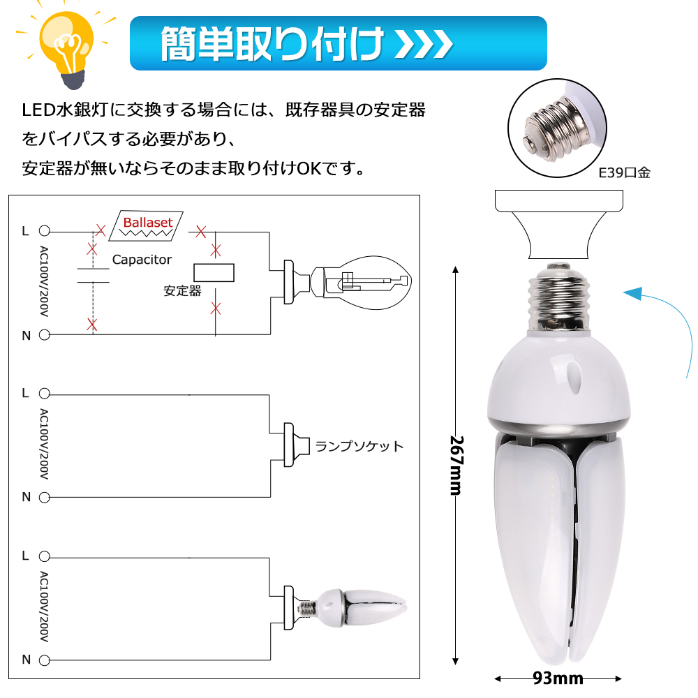 30個 LED電球 E39 コーンライト LED水銀灯 密閉器具対応 IP65防水 LEDライト LED照明 街灯 防犯灯 コーン型 水銀灯交換用 LED水銀灯ランプ 天井照明 60W 省エネの画像