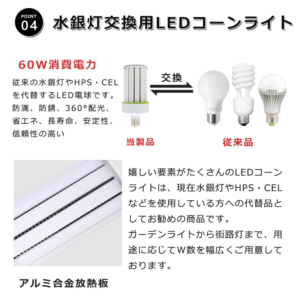 LED水銀灯 LED照明 400W相当 コーン型水銀灯 E39 60W 超爆光 LED電球