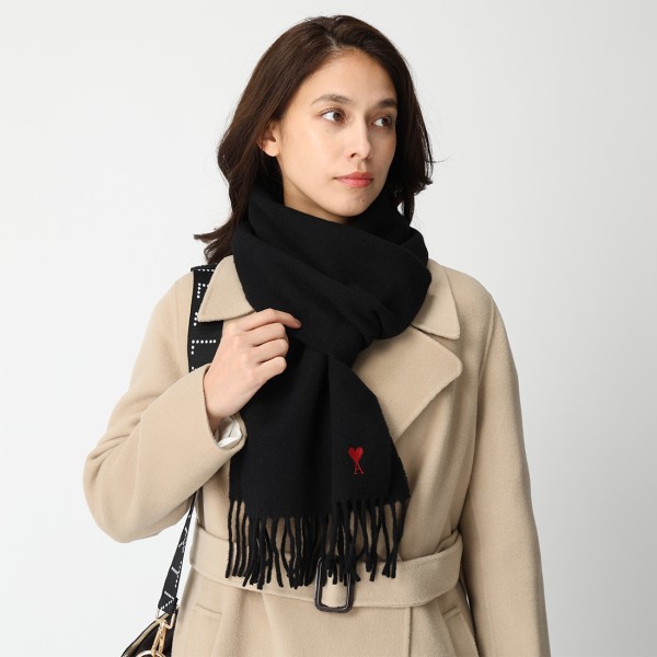 ami 黒 マフラー フリンジ付き アミパリス Ami Paris マフラー ロゴ フリンジ ブラック メンズ