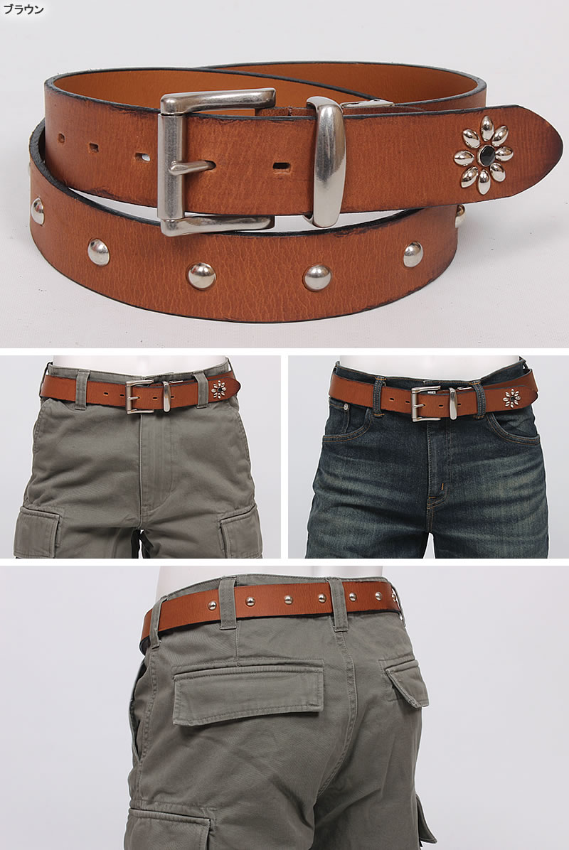 Wrangler（ラングラー） スタッズ レザー ベルト 3.5cm 35mm 本革 牛革