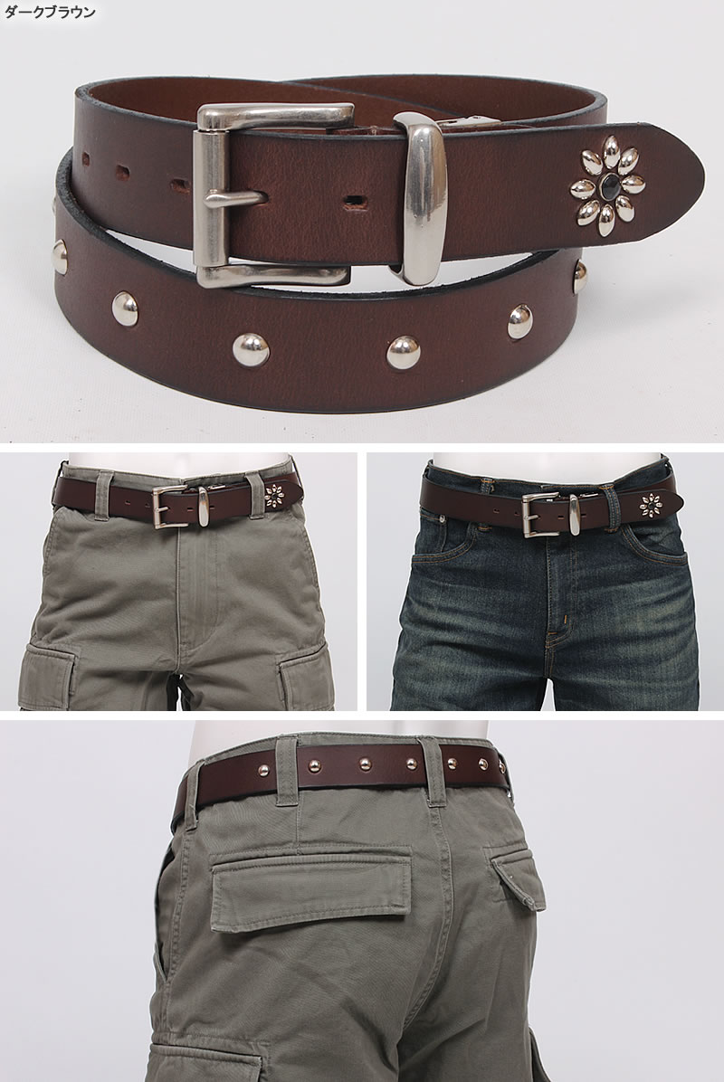 Wrangler（ラングラー） スタッズ レザー ベルト 3.5cm 35mm 本革 牛革