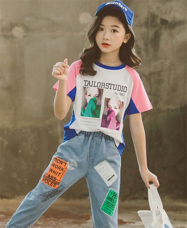 セットアップ 女の子 子供服 夏 半袖 韓国子供服 キッズ 可愛い Tシャツ ワイドパンツ デニムパンツ 上下セット ガチョウ 半袖tシャツ 限定価格セール