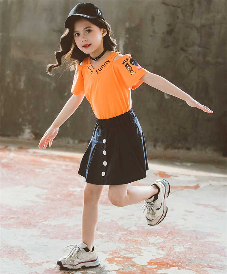 子供服 セットアップ キッズ 女の子 夏 2点セット 上下セット Tシャツ 半袖 肩出し スカート ジュニア おしゃれ 小学生 新品