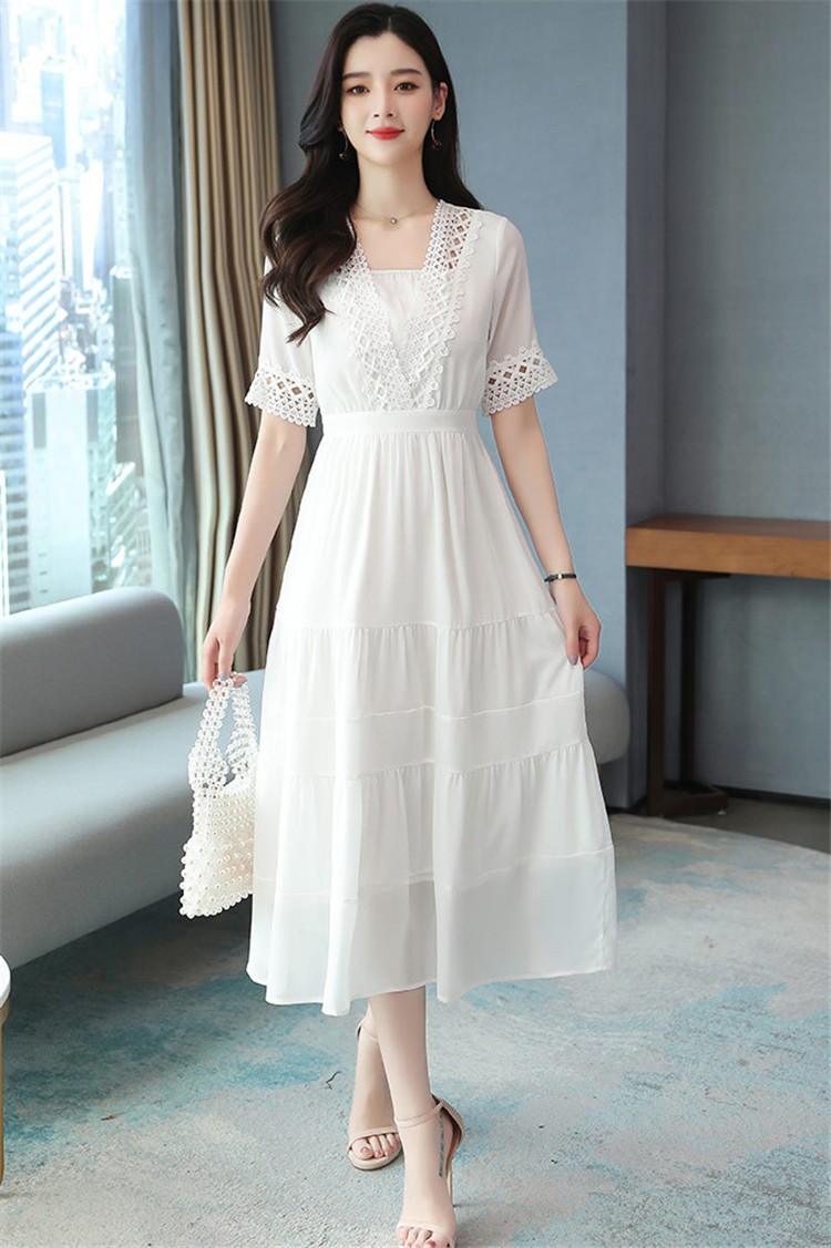 国産 シフォンワンピース レディース 40代 30代 夏 半袖 きれいめ 水玉 韓国風 通勤 ロング丈ワンピース Vネック ゆたっり ワンピース カジュ コンビニ受取対応商品 Elskaveda Com