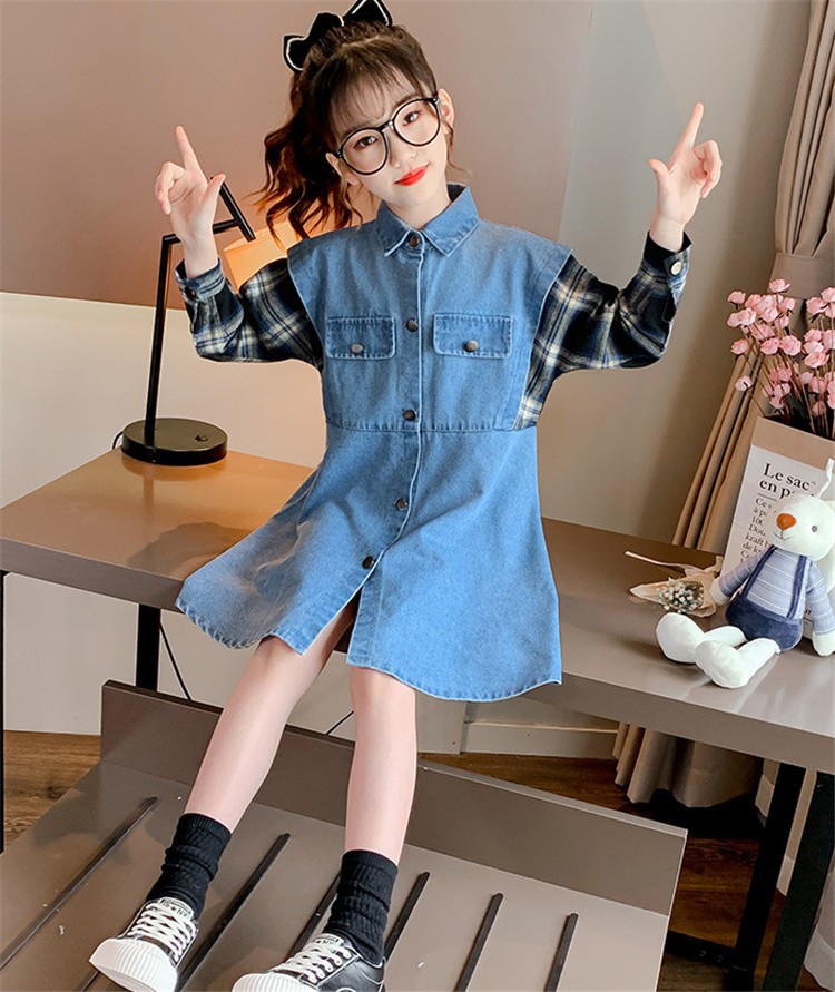 ワンピース キッズ 長袖 子供服 女の子 春秋 キッズワンピース デニムワンピース チェック柄 子供ドレス 結婚式 ジュニア おしゃれ 可愛い  カジュアル 小学生 :y455130:アユストア - 通販 - Yahoo!ショッピング