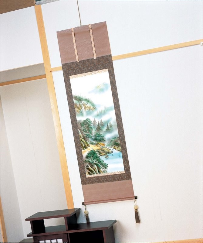 手描き 風景画 掛軸 和風インテリア 壁掛け 癒し 自然アート 手描き掛け軸 井沢春水 掛軸 「彩色山水」 絵画 壁掛け 壁飾り