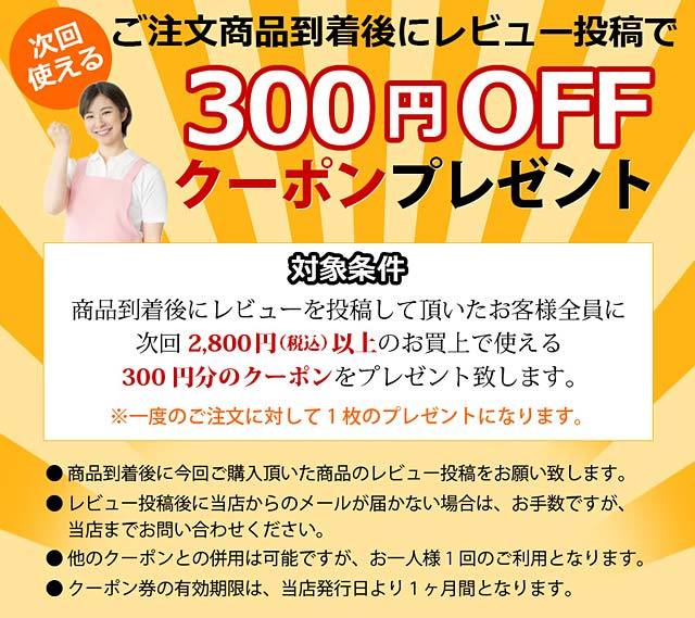 ご注文商品到着後にレビュー投稿で次回使える300円OFFクーポンプレゼント