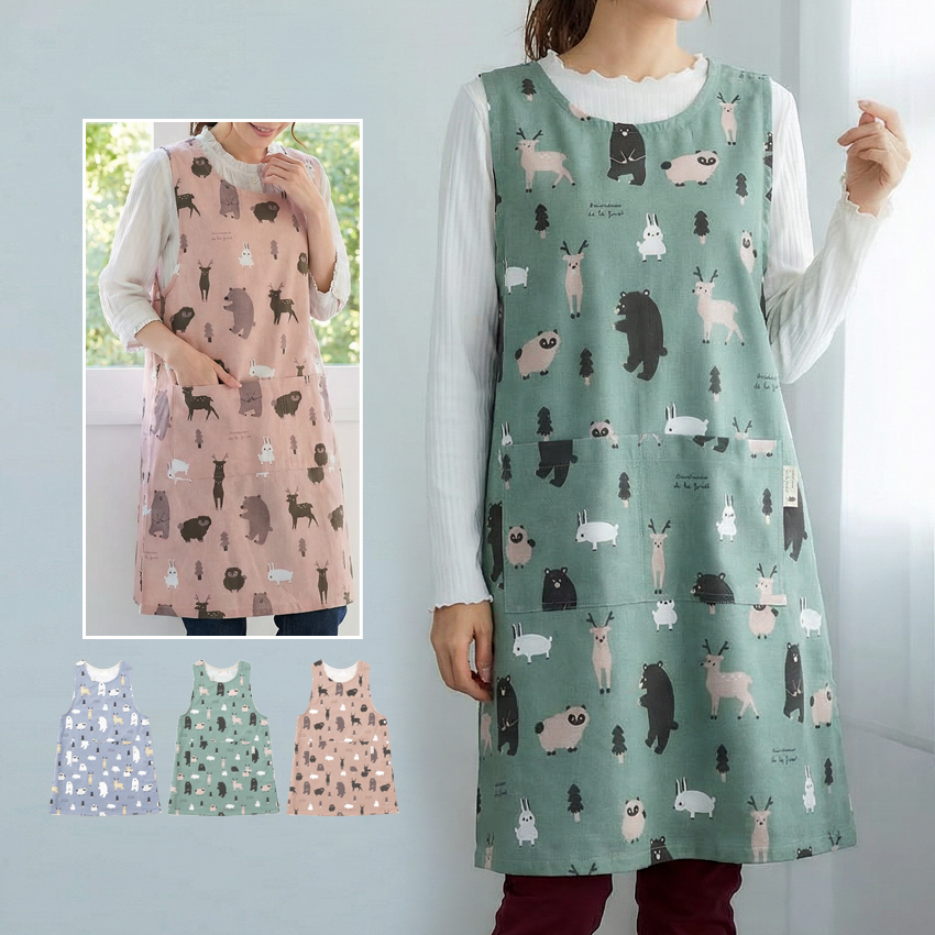 森の動物柄エプロン エプロン お尻が隠れる アニマル 動物 ワンピース