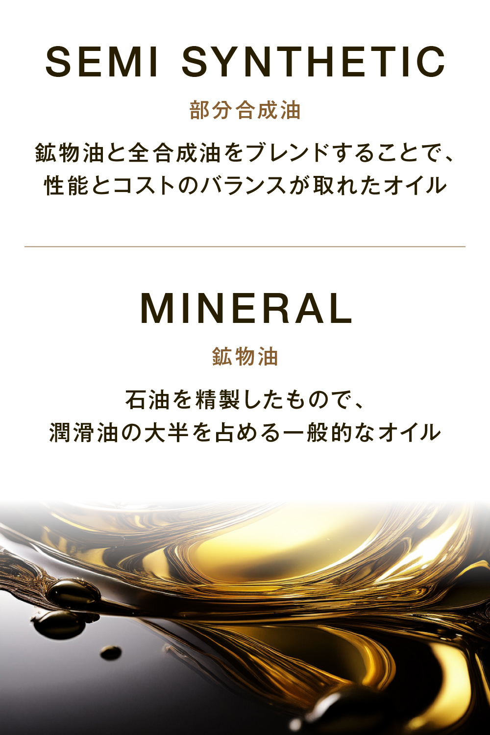 部分合成油は、全合成油と鉱物油をブレンドすることで性能とコストのバランスのとれたオイル
