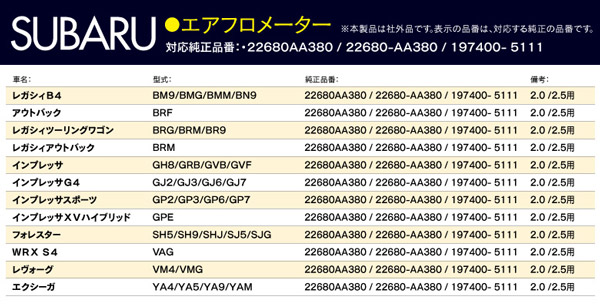 エクシーガ YA4 YA5 YA9 YAM 2.0 2.5用 エアフロメーター エアフロセンサー 参考純正品番 22680AA380 197400-  5111 1個