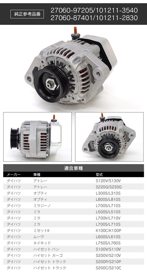 オルタネーター アトレー/ムーヴ/ハイゼットほか 27060-97205/101211-3540/27060-87401/101211-2830 1個  :1902900225:AZZURRI SHOPPING - 通販 - Yahoo!ショッピング