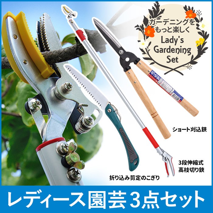 高枝切りバサミ園芸3点セット3段伸縮式高枝切鋏＆ショート刈込鋏&折込